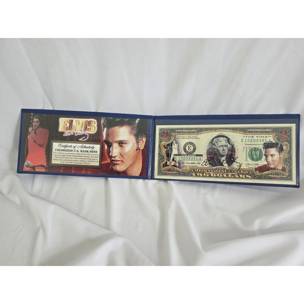Elvis Presley The King Colorized 2 Dollar Bill Merrick Mint Commemorative Folio